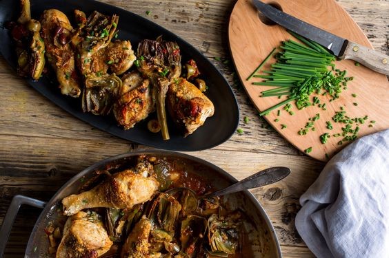 Braised chicken with artichokes and olives
