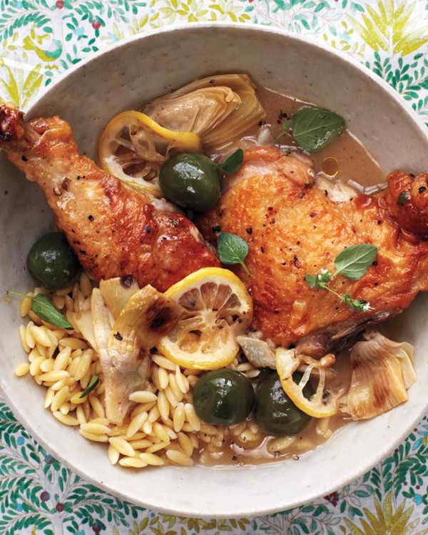 Braised chicken with artichokes, olives, and lemon
