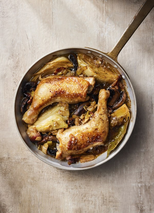 Braised chicken with bacon, mushrooms and fennel