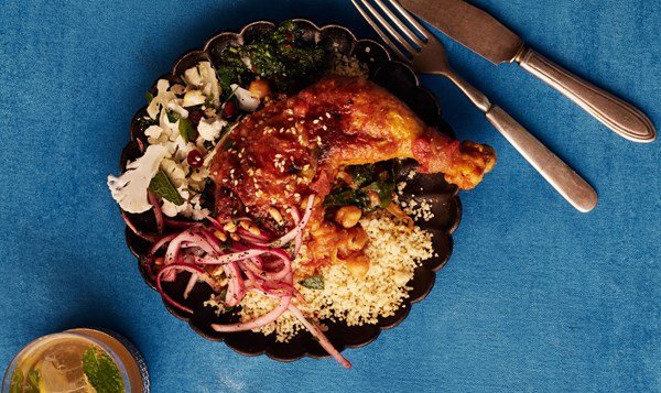 Braised chicken with chickpeas and Swiss chard