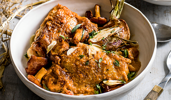 Braised chicken with hazelnut and chilli paste with a turnip and wild mushroom bake