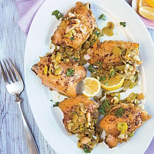 Braised chicken with honey-lemon leeks
