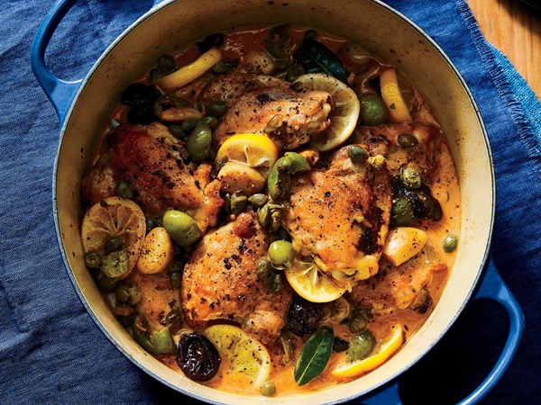 Braised chicken with olives, capers, and prunes