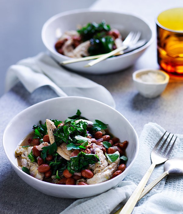 Braised chicken with pancetta, borlotti beans and kale