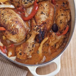 Braised chicken with peppers, olives and capers