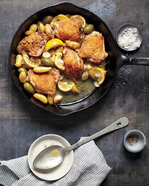 Braised chicken with potatoes, olives, and lemon