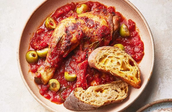 Braised chicken with red wine, olives & tomatoes
