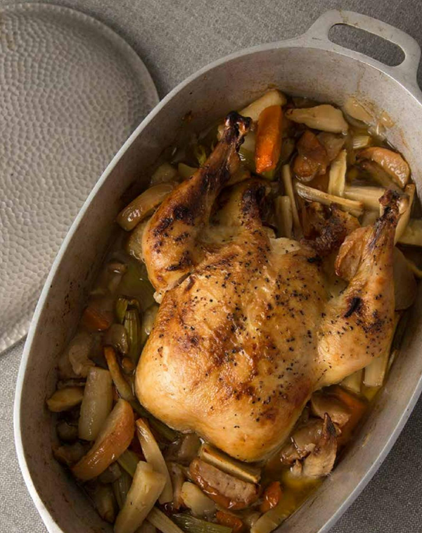 Braised chicken with root vegetables and apples