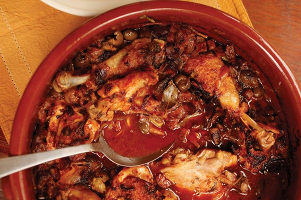Braised chicken with salami and olives