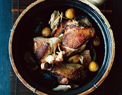 Braised chicken with smoked ham, chestnuts, and ginger