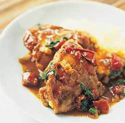 Braised chicken with Swiss chard, tomatoes, and balsamic vinegar