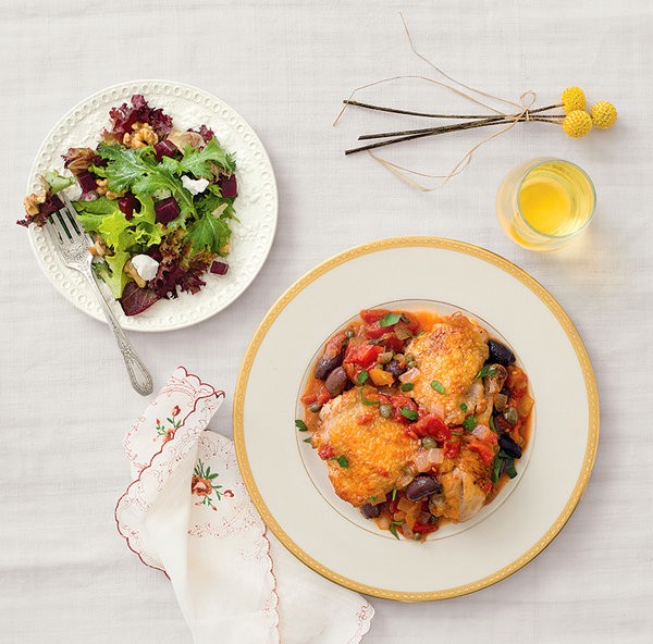 Braised chicken with tomatoes, olives and capers