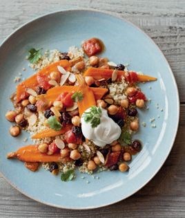 Braised chickpeas and carrots with yogurt topping