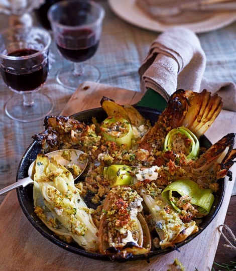 Braised chicory and leeks with Lanark blue cheese