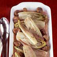Braised chicory with celeriac jus and chestnuts
