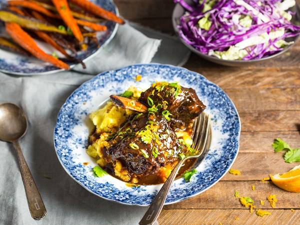 Braised Chinese-style short ribs with soy, orange, and 5-spice powder
