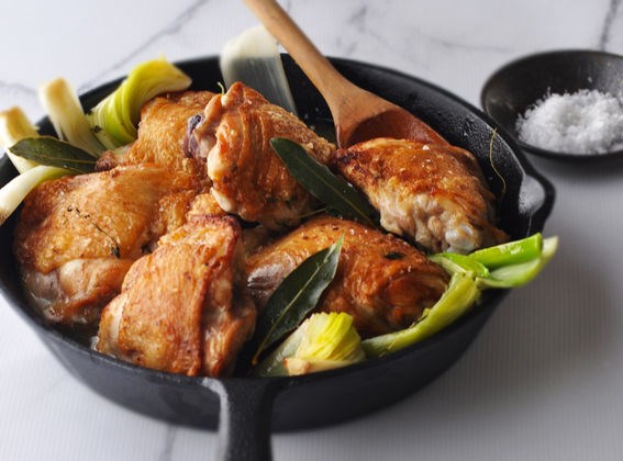 Braised chook thighs with young leeks, bay leaves and verjuice
