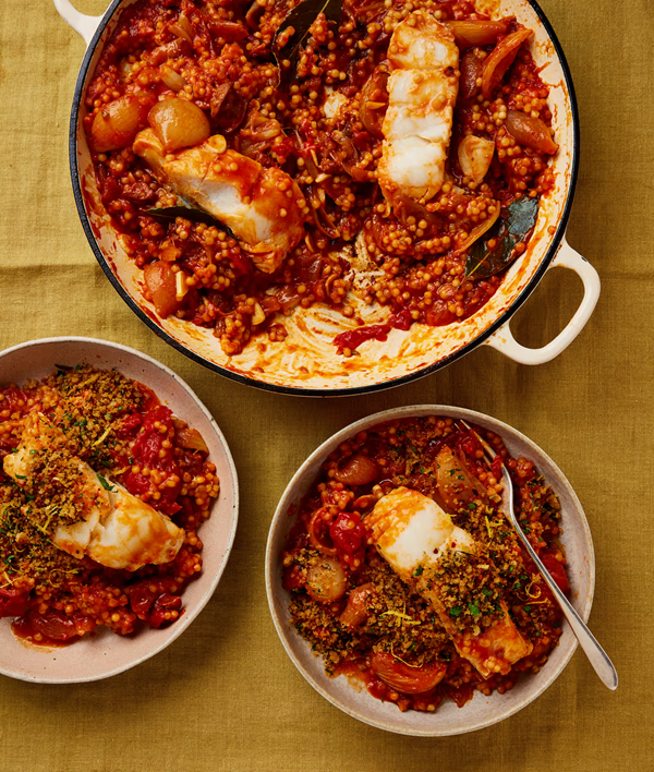 Braised cod with giant couscous and chorizo