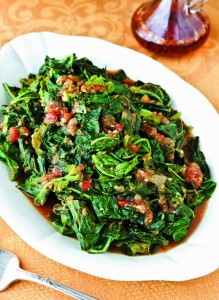 Braised collards in tomato-onion gravy