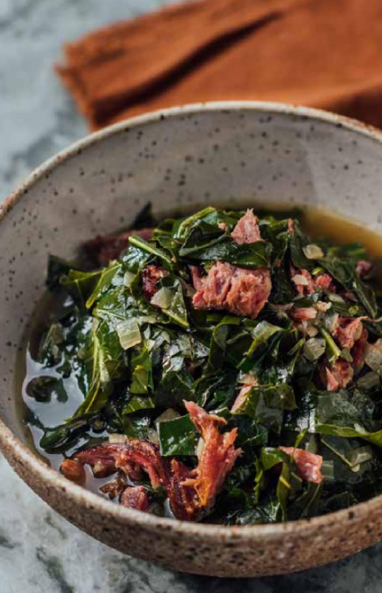 Braised collards with chopped ham hocks 