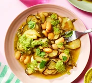 Braised courgettes & butter beans with pesto