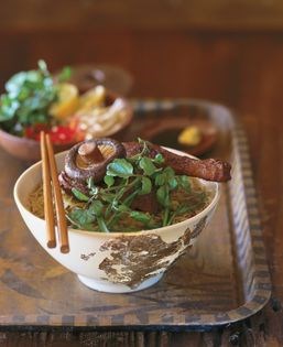 Braised duck and shiitake mushroom broth with egg noodles (Mì vit tiêm)