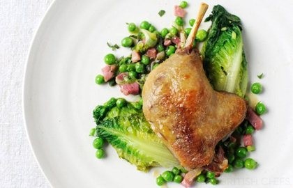 Braised duck leg, sweet young peas, lettuce, bacon and mint