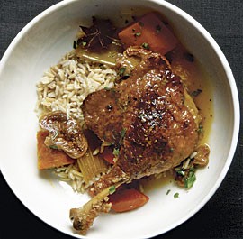 Braised duck legs with figs, star anise, and winter squash