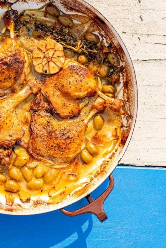 Braised duck legs with olives, rosemary, and garlic