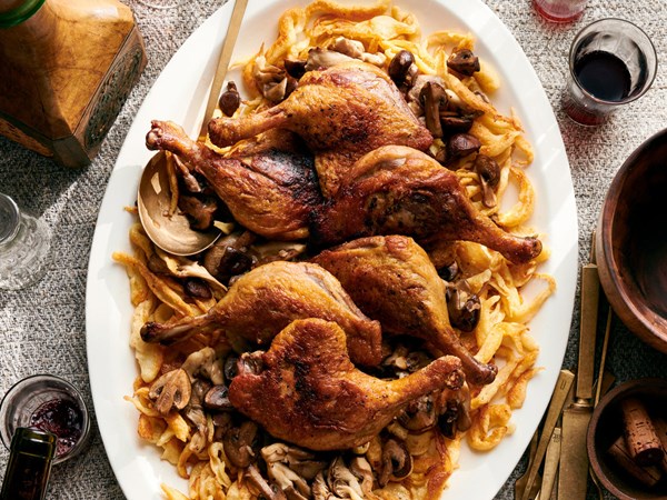 Braised duck legs with spaetzle and mushroom ragout