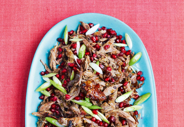 Braised duck salad with pomegranate, juniper and ginger