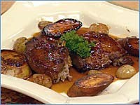 Braised duck with glazed shallots and honey sweet potatoes