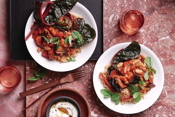 Braised eggplant, tomato and beans