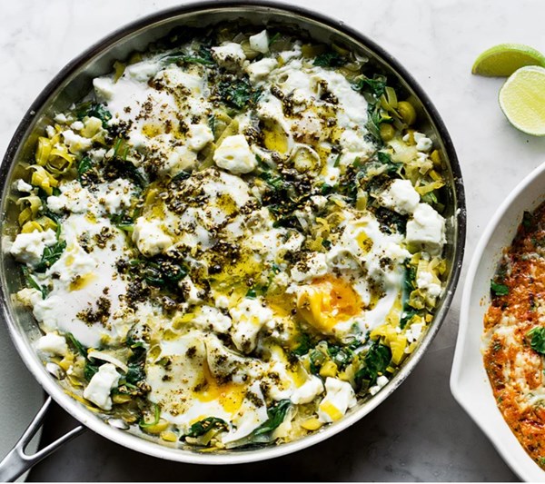Braised eggs with leek and za’atar