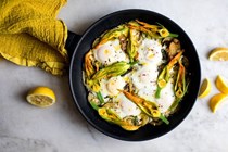 Braised eggs with zucchini, feta and lemon