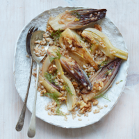 Braised fennel and chicory with spelt, lemon and toasted walnuts