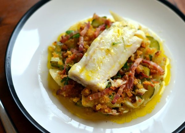 Braised fennel and cucumber with sourdough crumbs, smoked pancetta and baked cod loin
