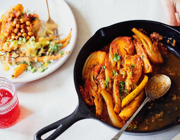 Braised fennel with crispy chickpeas & saffron basmati