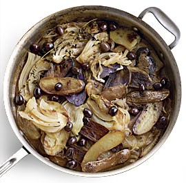 Braised fingerling potatoes with fennel, olives, and thyme