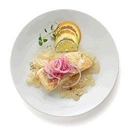 Braised fish with pickled onions