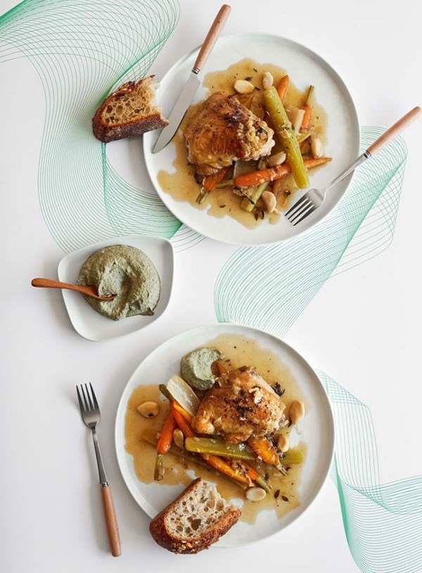 Braised garlic chicken with carrots & celery, & sunflower seed & tarragon cream