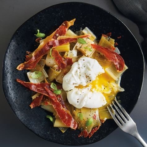 Braised garlicky leeks with prosciutto & poached egg