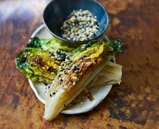 Braised gem lettuce wedges with fennel and sesame gomashio