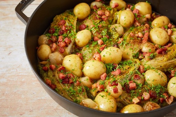 Braised gem lettuce with Jersey Royals
