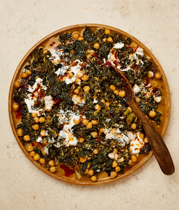 Braised greens with chickpeas and almonds