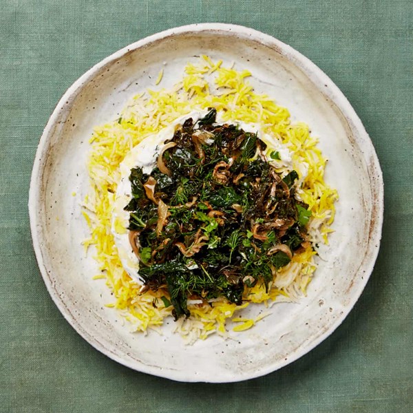 Braised greens with dried lime and saffron rice