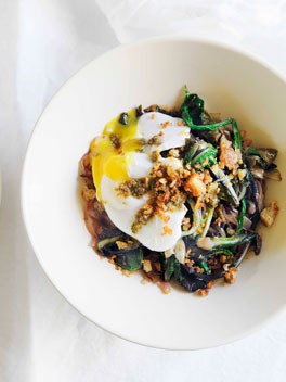 Braised greens with poached egg