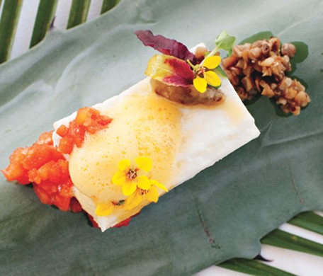 Braised halibut fillets in coconut and lemongrass with smoked eggplant and tomato-ginger chutney