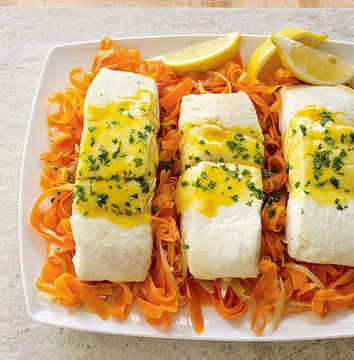 Braised halibut with carrots and coriander
