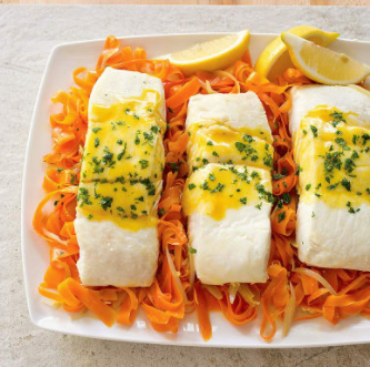 Braised halibut with carrots and coriander
